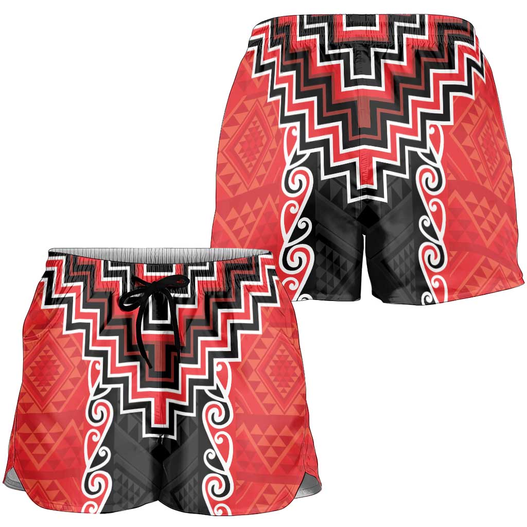 Red Niho Taniwha Mix Poutama Shorts for Women Unique Taniko Aotearoa - Polynesian Pride