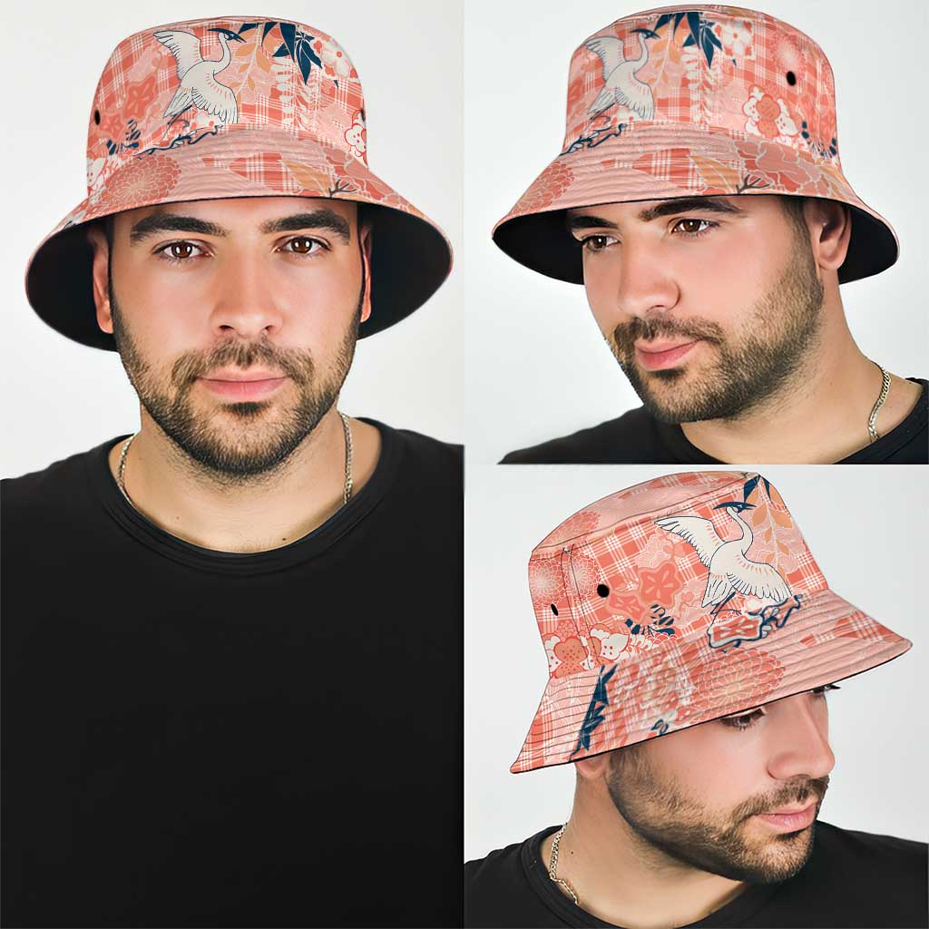 Red Palaka Crane and Flowers Bucket Hat Japan Heritage Spirit - Polynesian Pride