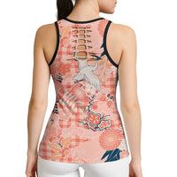 Red Palaka Crane and Flowers Hollow Tank Top Japan Heritage Spirit - Polynesian Pride
