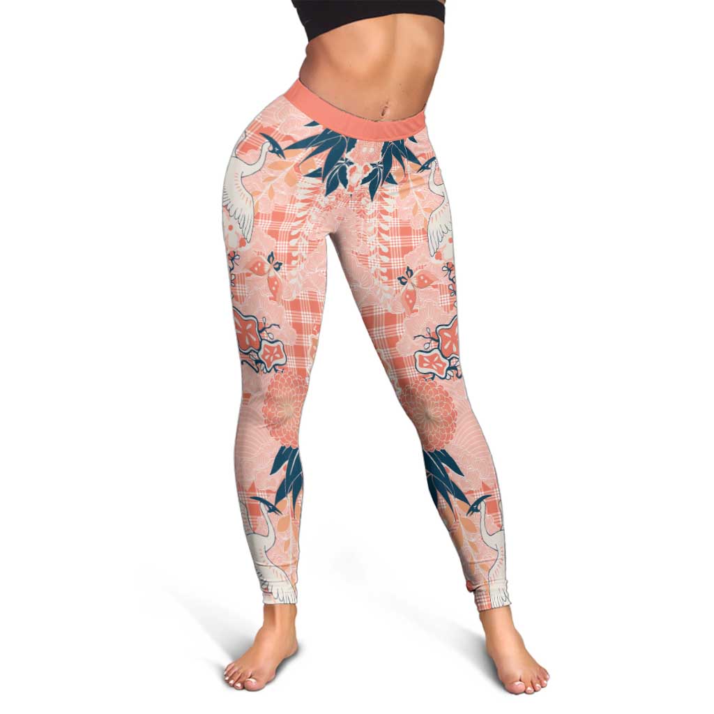 Red Palaka Crane and Flowers Leggings Japan Heritage Spirit - Polynesian Pride