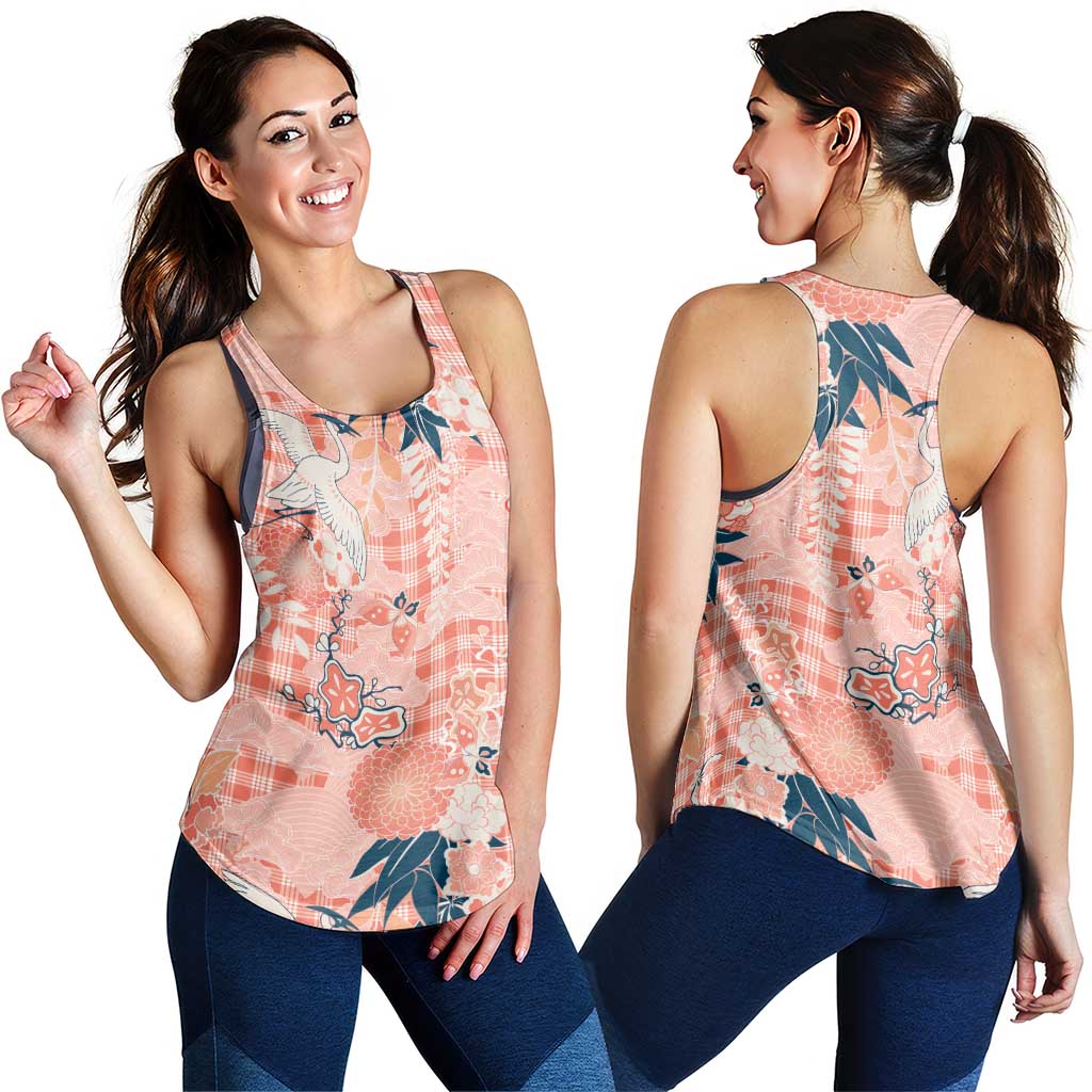 Red Palaka Crane and Flowers Women Racerback Tank Japan Heritage Spirit - Polynesian Pride