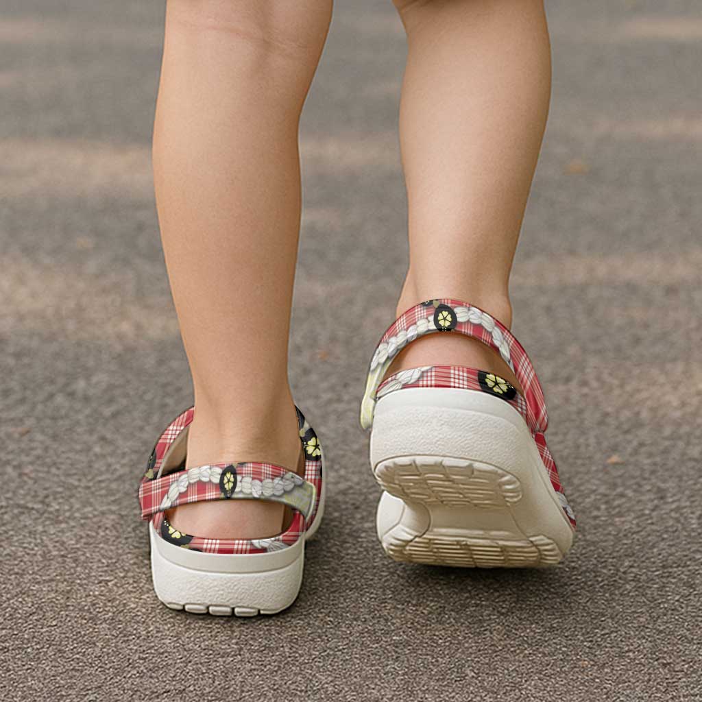 Red Palaka Hawaii Clogs Shoes Kukui Nut Pikake Lei Hawaiian Tapa Pattern - Polynesian Pride