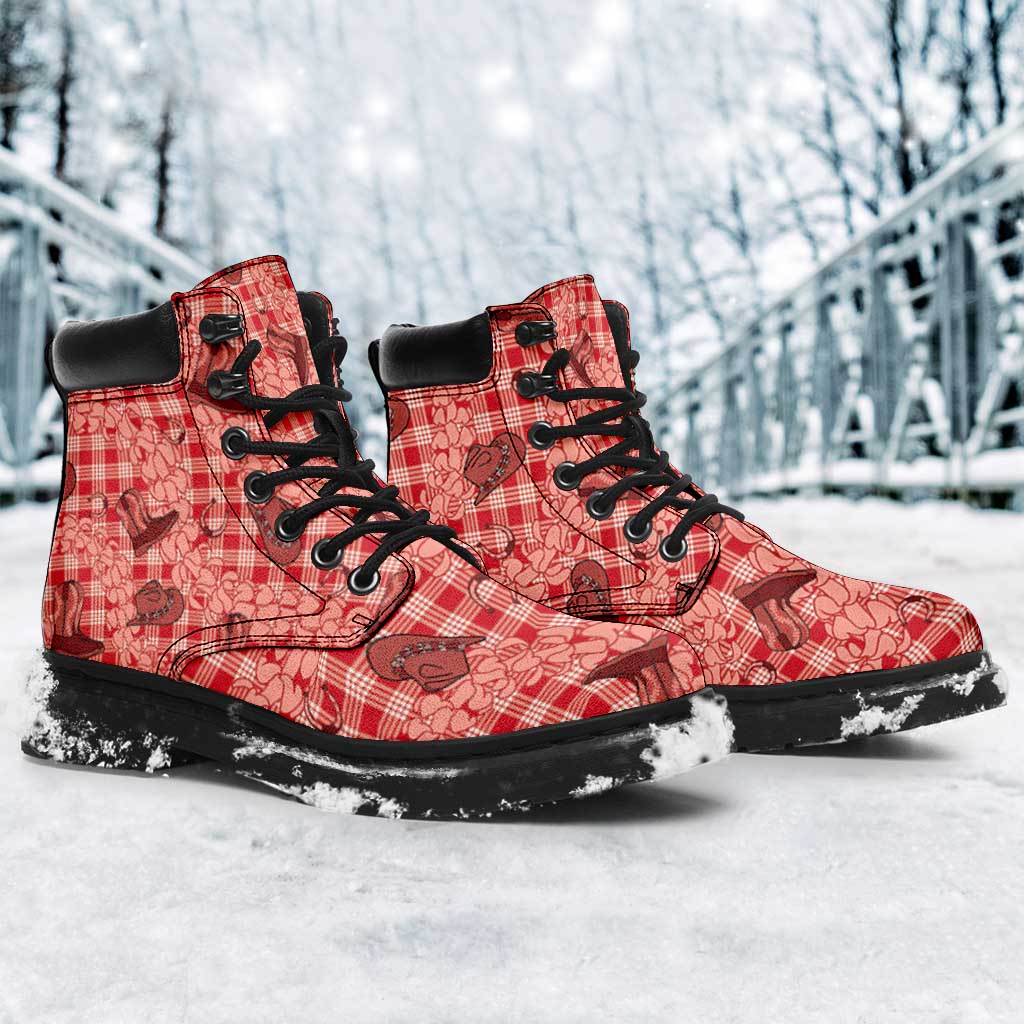 Red Palaka Hawaii Cowboy All Season Boots Puakenikeni Lei Paniolo Papale Seamless Vibes - Polynesian Pride