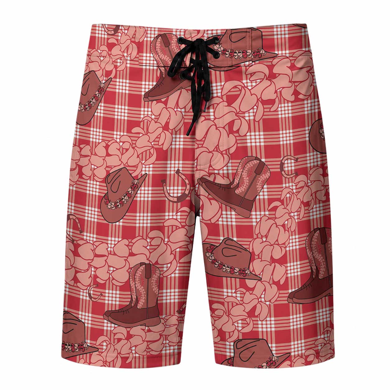 Red Palaka Hawaii Cowboy Board Shorts Puakenikeni Lei Paniolo Papale Seamless Vibes