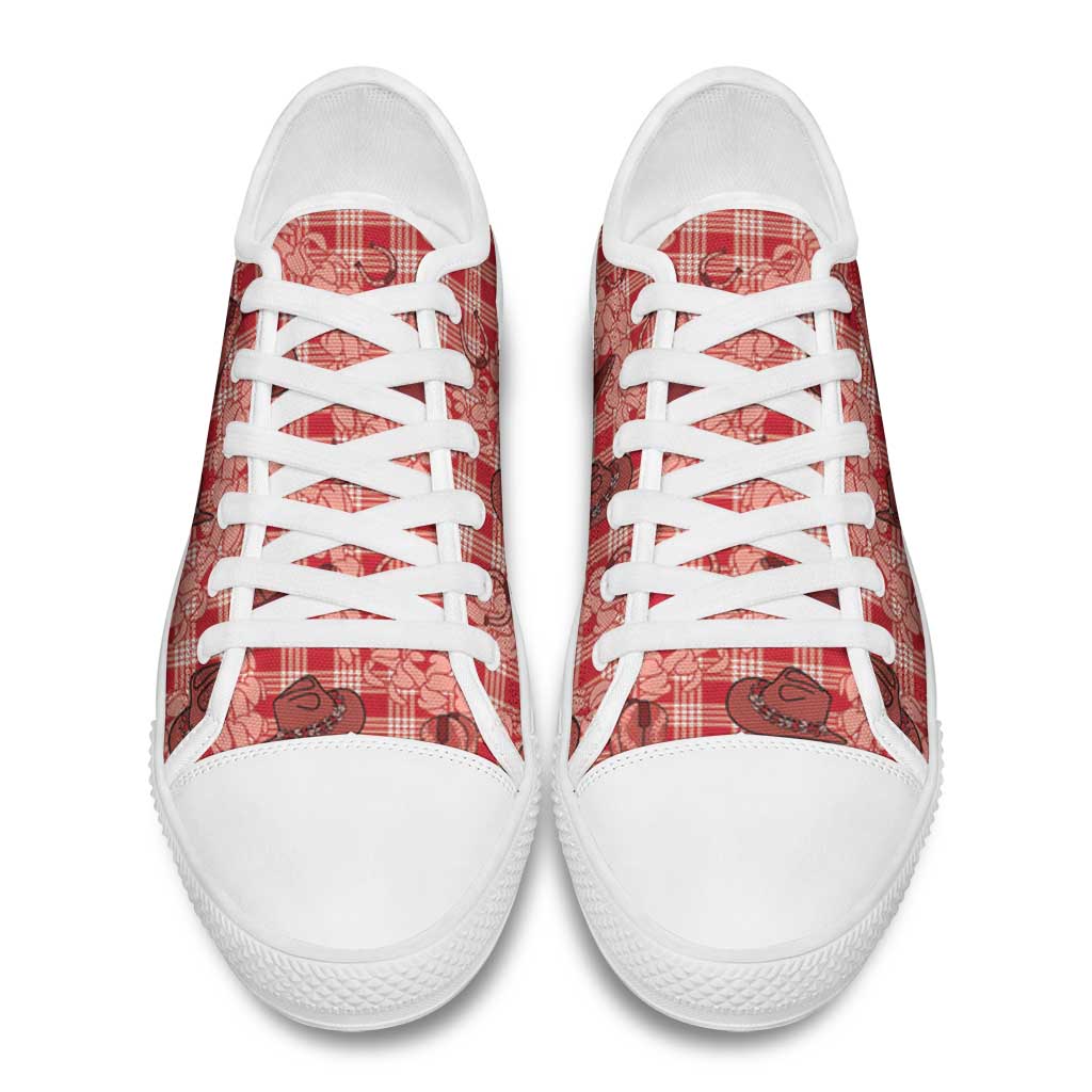 Red Palaka Hawaii Cowboy Low Top Shoes Puakenikeni Lei Paniolo Papale Seamless Vibes - Polynesian Pride
