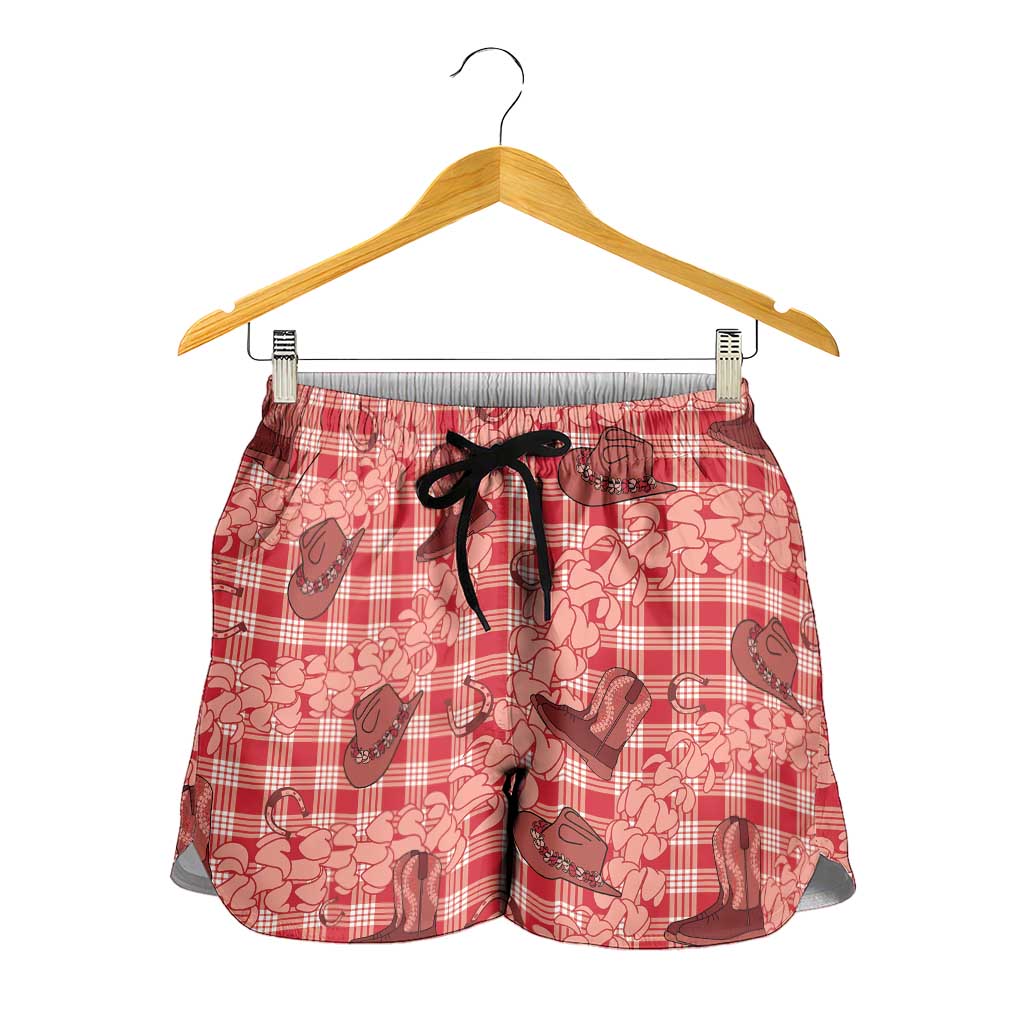 Red Palaka Hawaii Cowboy Shorts for Women Puakenikeni Lei Paniolo Papale Seamless Vibes LT14 - Polynesian Pride