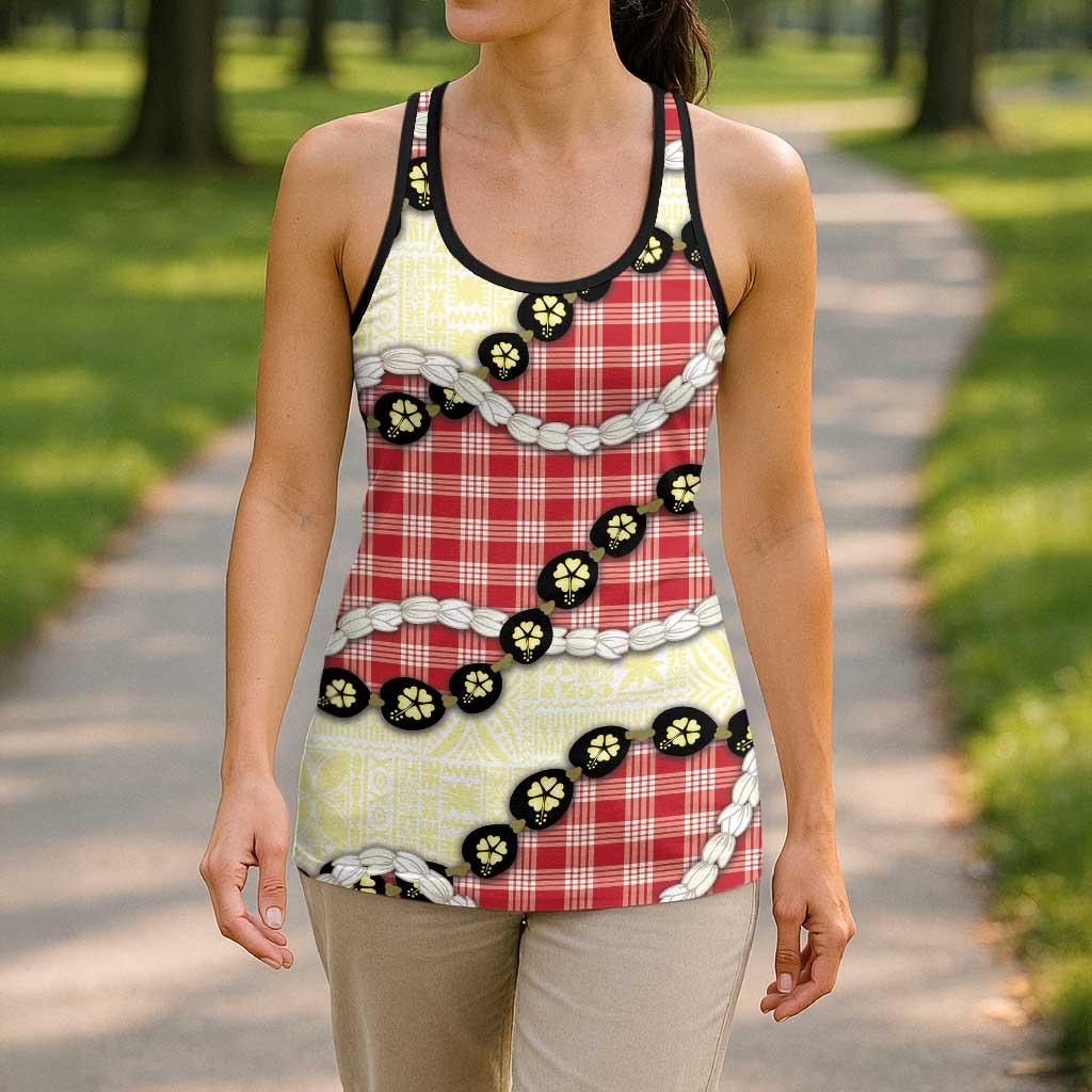 Red Palaka Hawaii Hollow Tank Top Kukui Nut Pikake Lei Hawaiian Tapa Pattern - Polynesian Pride