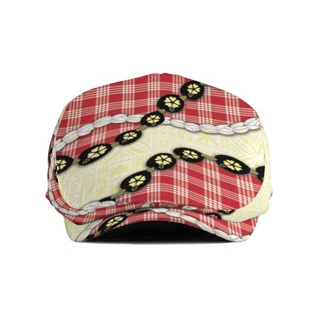 Red Palaka Hawaii Jeff Hat Kukui Nut Pikake Lei Hawaiian Tapa Pattern - Polynesian Pride