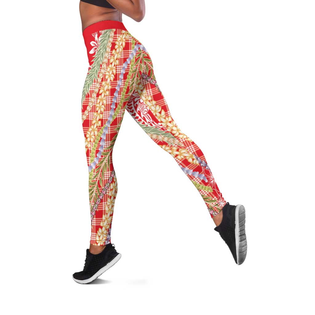 Red Palaka Hawaii Leis Leggings Hawaiian-plaid Elegant Tropical Vibes - Polynesian Pride