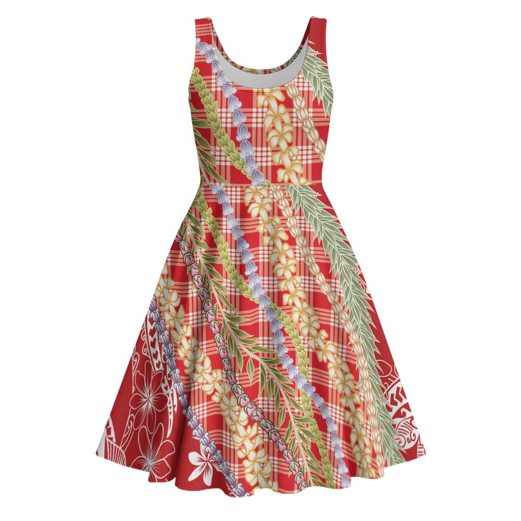 Red Palaka Hawaii Leis Midi Dress Hawaiian-plaid Elegant Tropical Vibes - Polynesian Pride