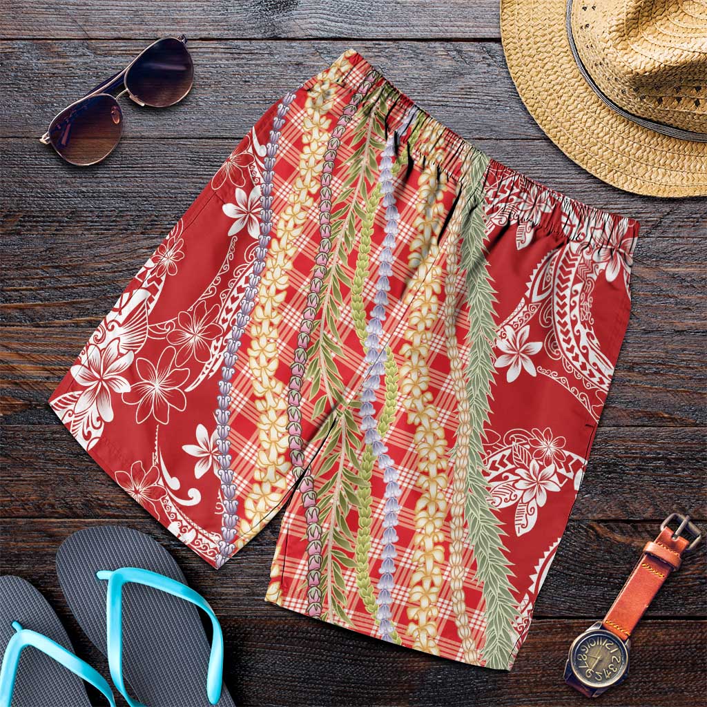 Red Palaka Hawaii Leis Shorts for Men Hawaiian-plaid Elegant Tropical Vibes - Polynesian Pride