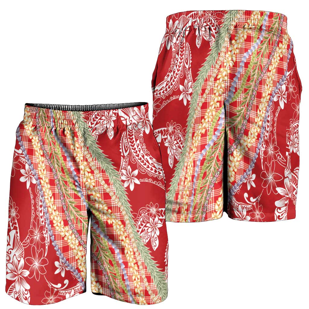 Red Palaka Hawaii Leis Shorts for Men Hawaiian-plaid Elegant Tropical Vibes - Polynesian Pride