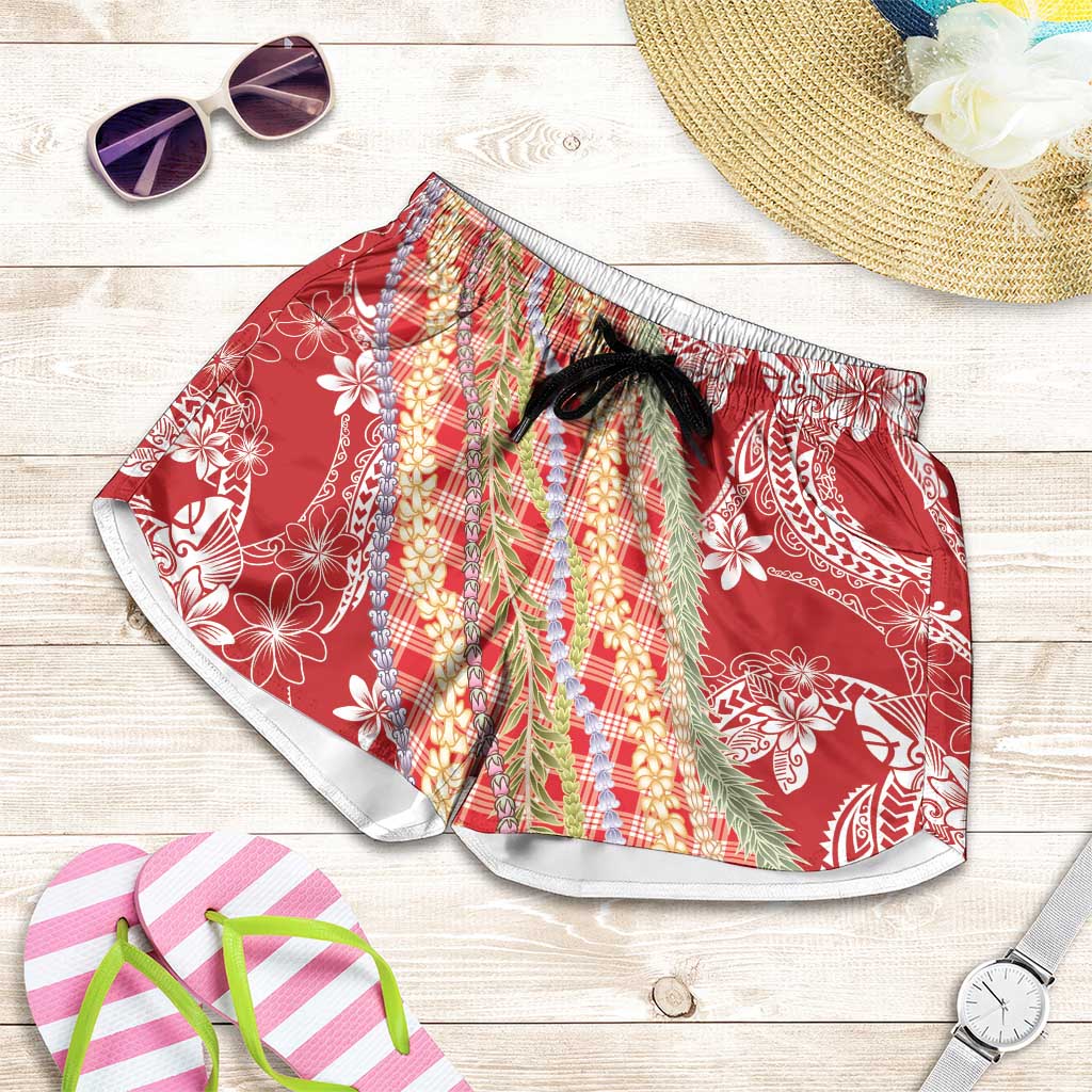 Red Palaka Hawaii Leis Shorts for Women Hawaiian-plaid Elegant Tropical Vibes - Polynesian Pride