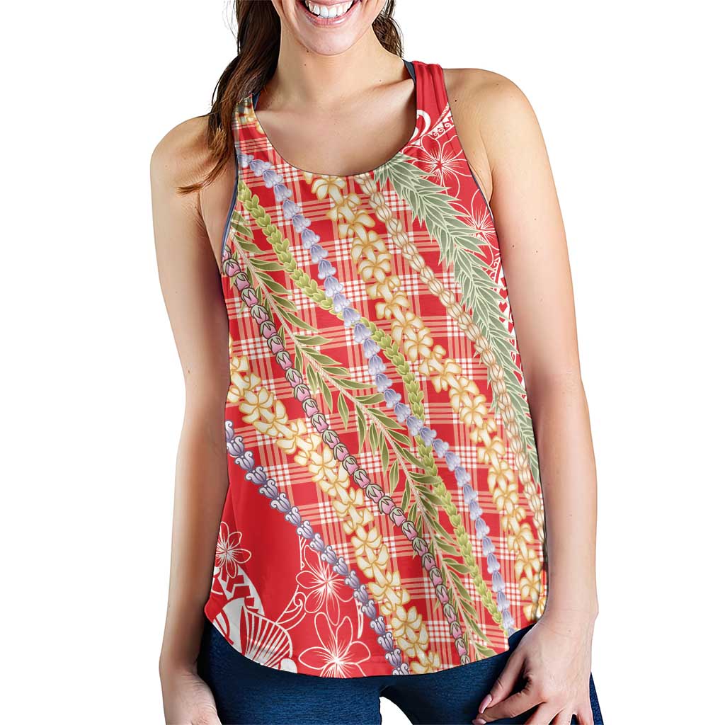 Red Palaka Hawaii Leis Women Racerback Tank Hawaiian-plaid Elegant Tropical Vibes - Polynesian Pride