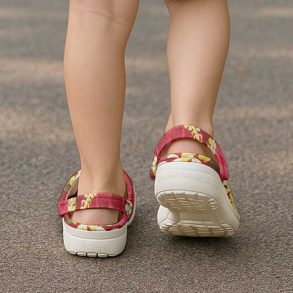 Red Palaka Hawaii Mele Kalikimaka Clogs Shoes Ohia Lehua Monstera Puakenikeni Lei - Polynesian Pride