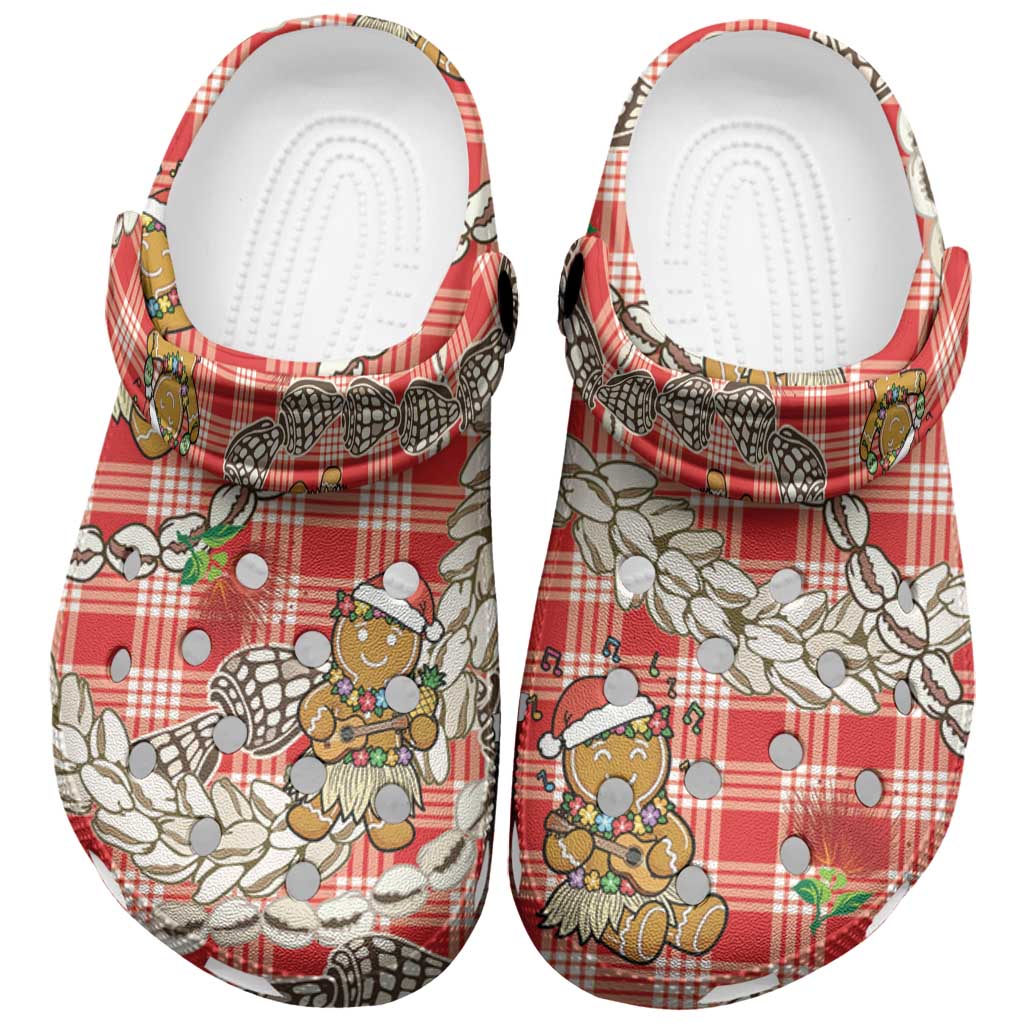 Red Palaka Hawaii Mele Kalikimaka Clogs Shoes Ohia Lehua Shell Leis Funny Gingerbread Santa - Polynesian Pride