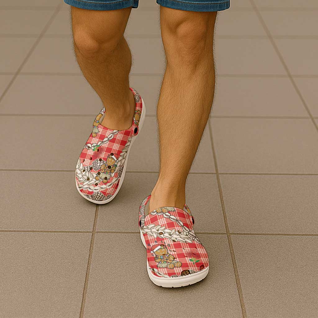 Red Palaka Hawaii Mele Kalikimaka Clogs Shoes Ohia Lehua Shell Leis Funny Gingerbread Santa - Polynesian Pride