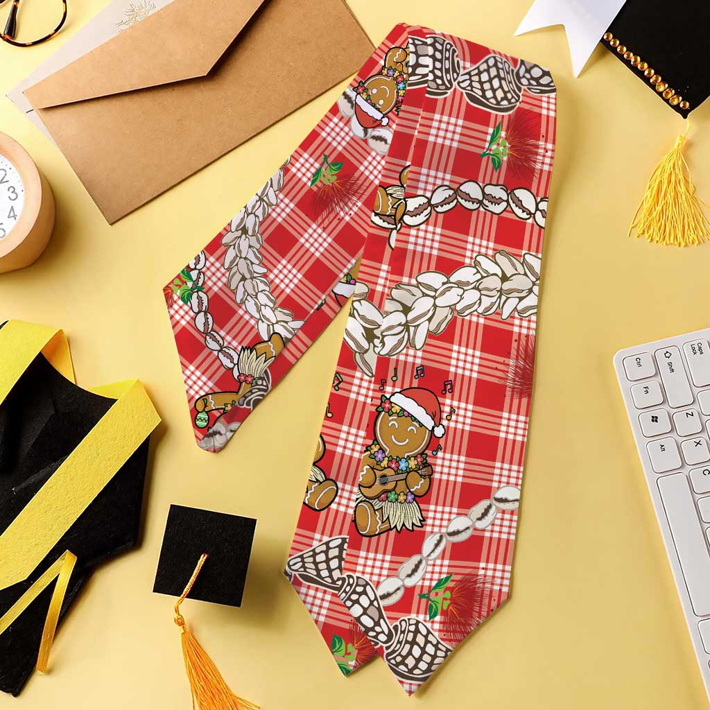 Red Palaka Hawaii Mele Kalikimaka Graduation Stole Ohia Lehua Shell Leis Funny Gingerbread Santa - Polynesian Pride