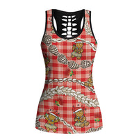 Red Palaka Hawaii Mele Kalikimaka Hollow Tank Top Ohia Lehua Shell Leis Funny Gingerbread Santa - Polynesian Pride
