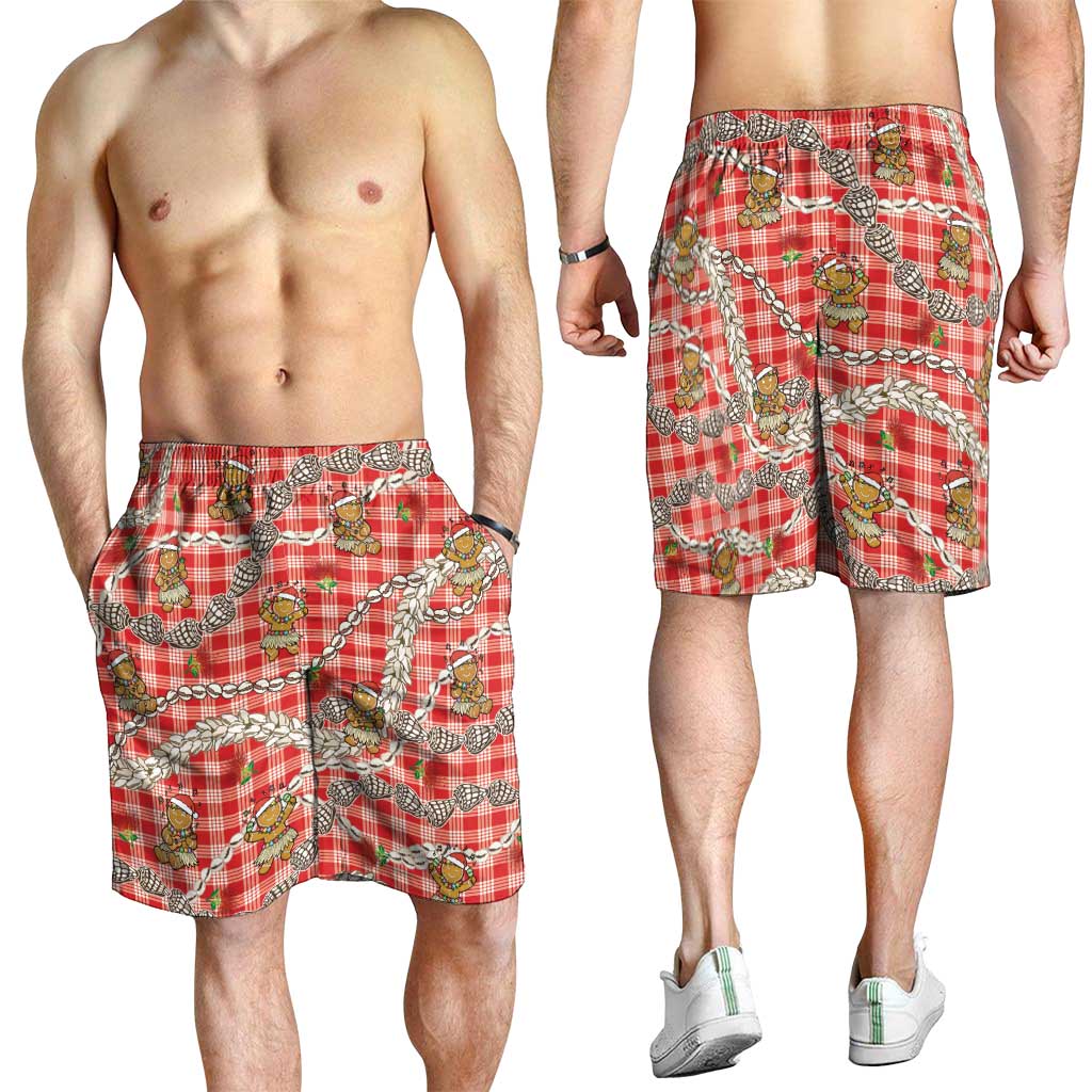 Red Palaka Hawaii Mele Kalikimaka Shorts for Men Ohia Lehua Shell Leis Funny Gingerbread Santa - Polynesian Pride