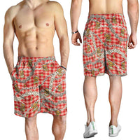 Red Palaka Hawaii Mele Kalikimaka Shorts for Men Ohia Lehua Shell Leis Funny Gingerbread Santa - Polynesian Pride