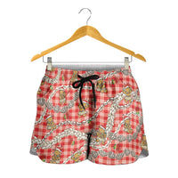 Red Palaka Hawaii Mele Kalikimaka Shorts for Women Ohia Lehua Shell Leis Funny Gingerbread Santa - Polynesian Pride