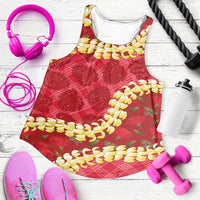 Red Palaka Hawaii Mele Kalikimaka Women Racerback Tank Ohia Lehua Monstera Puakenikeni Lei - Polynesian Pride