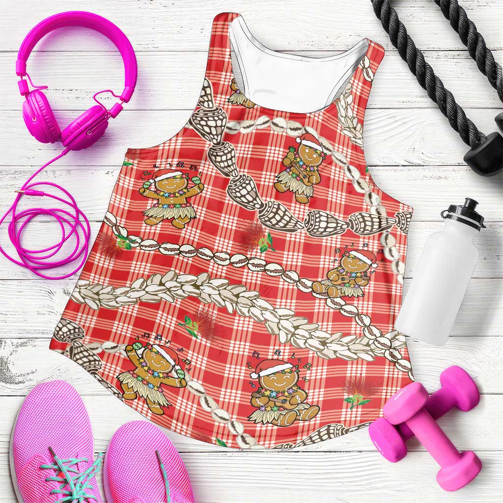 Red Palaka Hawaii Mele Kalikimaka Women Racerback Tank Ohia Lehua Shell Leis Funny Gingerbread Santa - Polynesian Pride