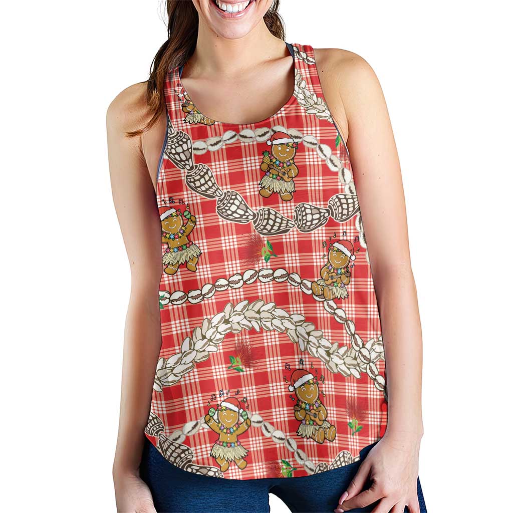 Red Palaka Hawaii Mele Kalikimaka Women Racerback Tank Ohia Lehua Shell Leis Funny Gingerbread Santa - Polynesian Pride