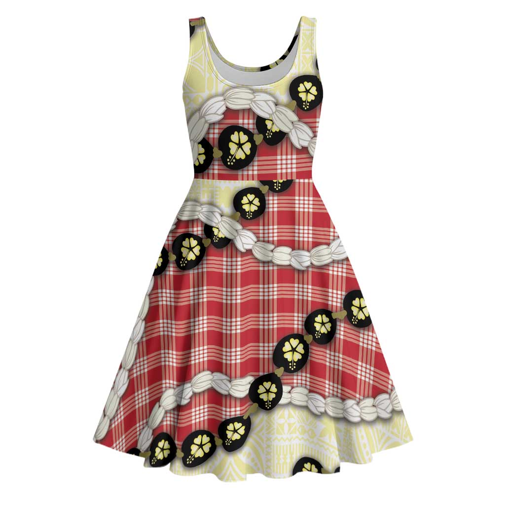 Red Palaka Hawaii Midi Dress Kukui Nut Pikake Lei Hawaiian Tapa Pattern - Polynesian Pride