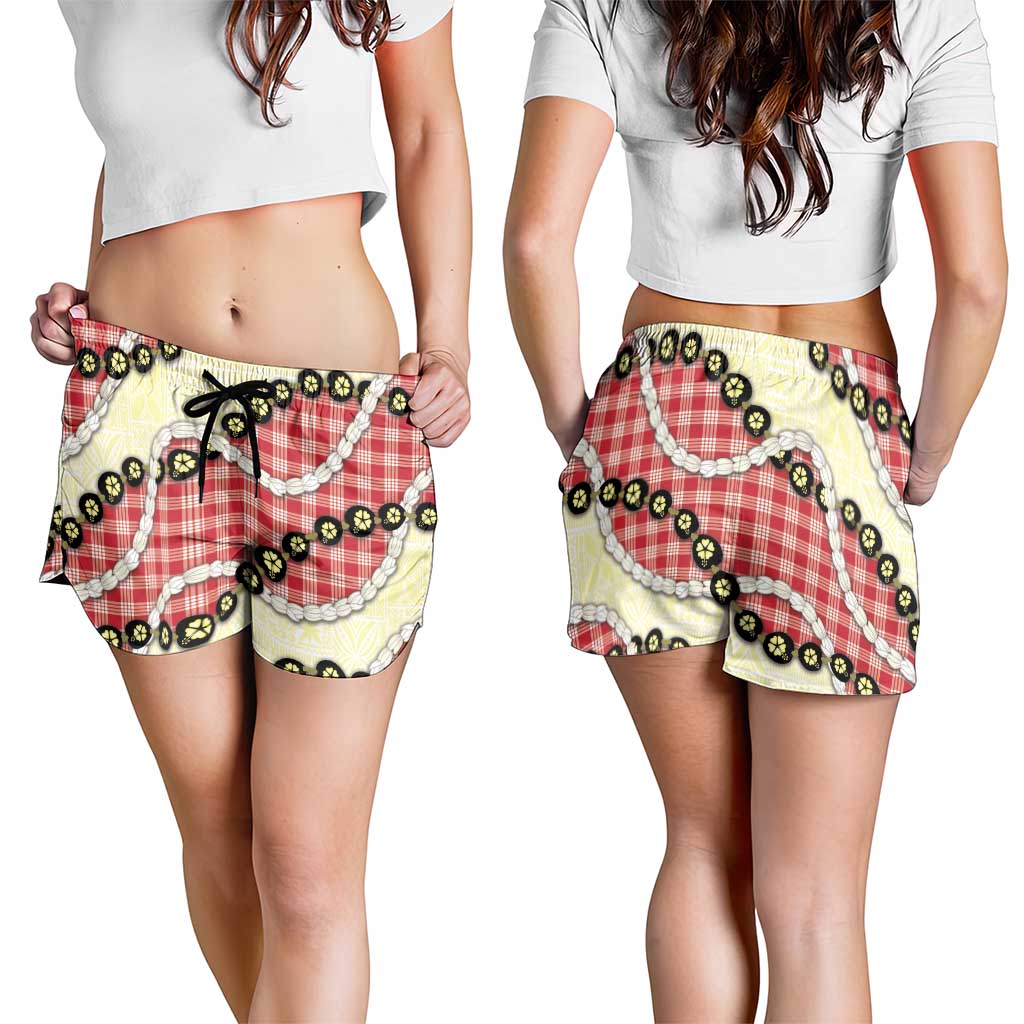 Red Palaka Hawaii Shorts for Women Kukui Nut Pikake Lei Hawaiian Tapa Pattern - Polynesian Pride