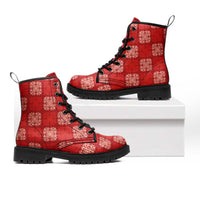 Red Palaka Quilt Hawaii Leather Boots Traditional Hawaii-plaid Pattern - Polynesian Pride