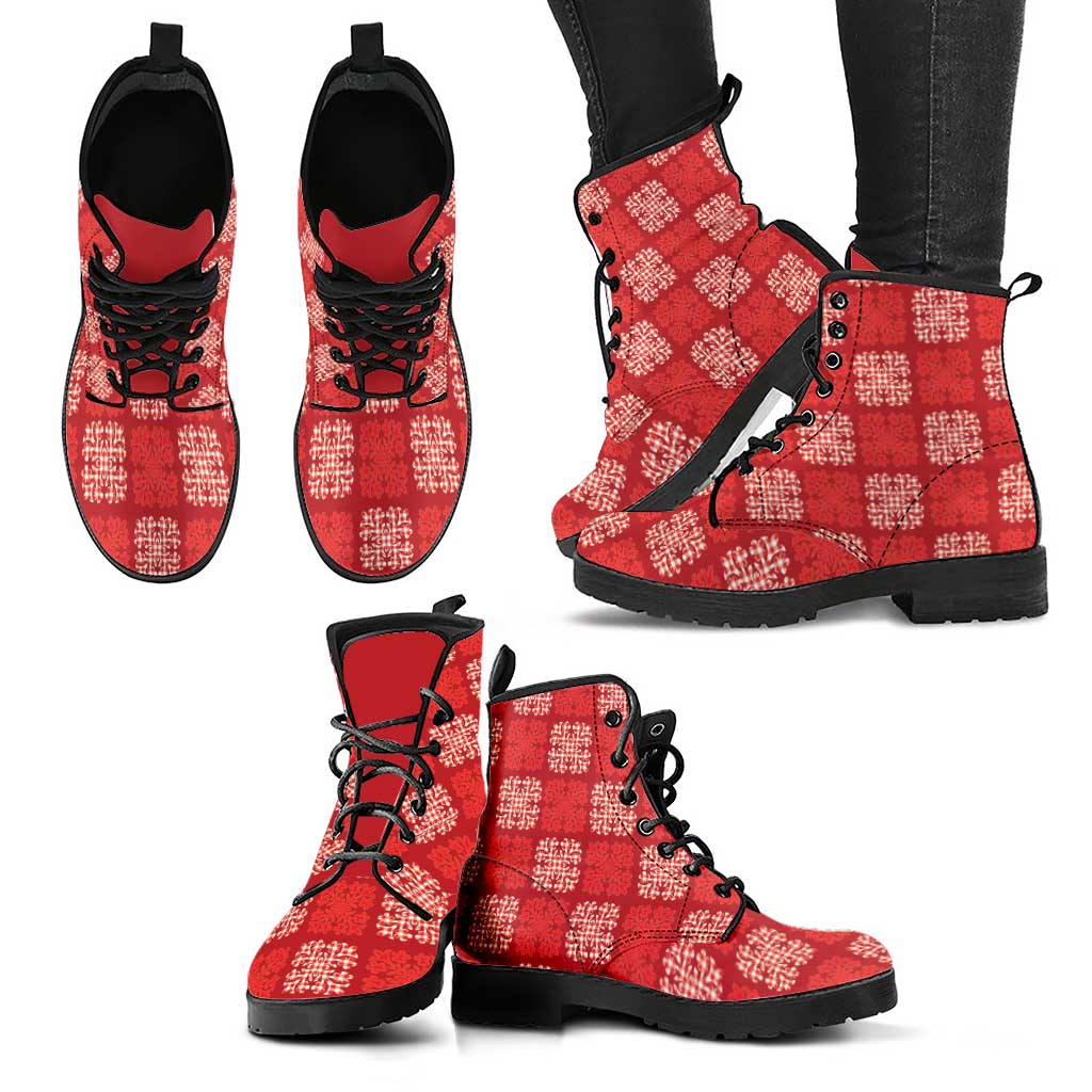 Red Palaka Quilt Hawaii Leather Boots Traditional Hawaii-plaid Pattern - Polynesian Pride