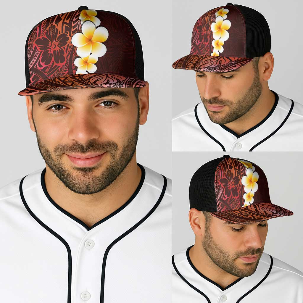 Red Polynesia Baseball Net Cap Plumeria Tropical Leaves With Galaxy Polynesian Art - Polynesian Pride