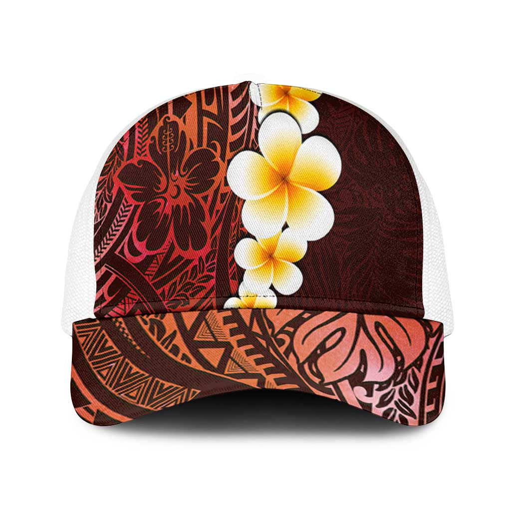Red Polynesia Mesh Trucker Cap Plumeria Tropical Leaves With Galaxy Polynesian Art - Polynesian Pride