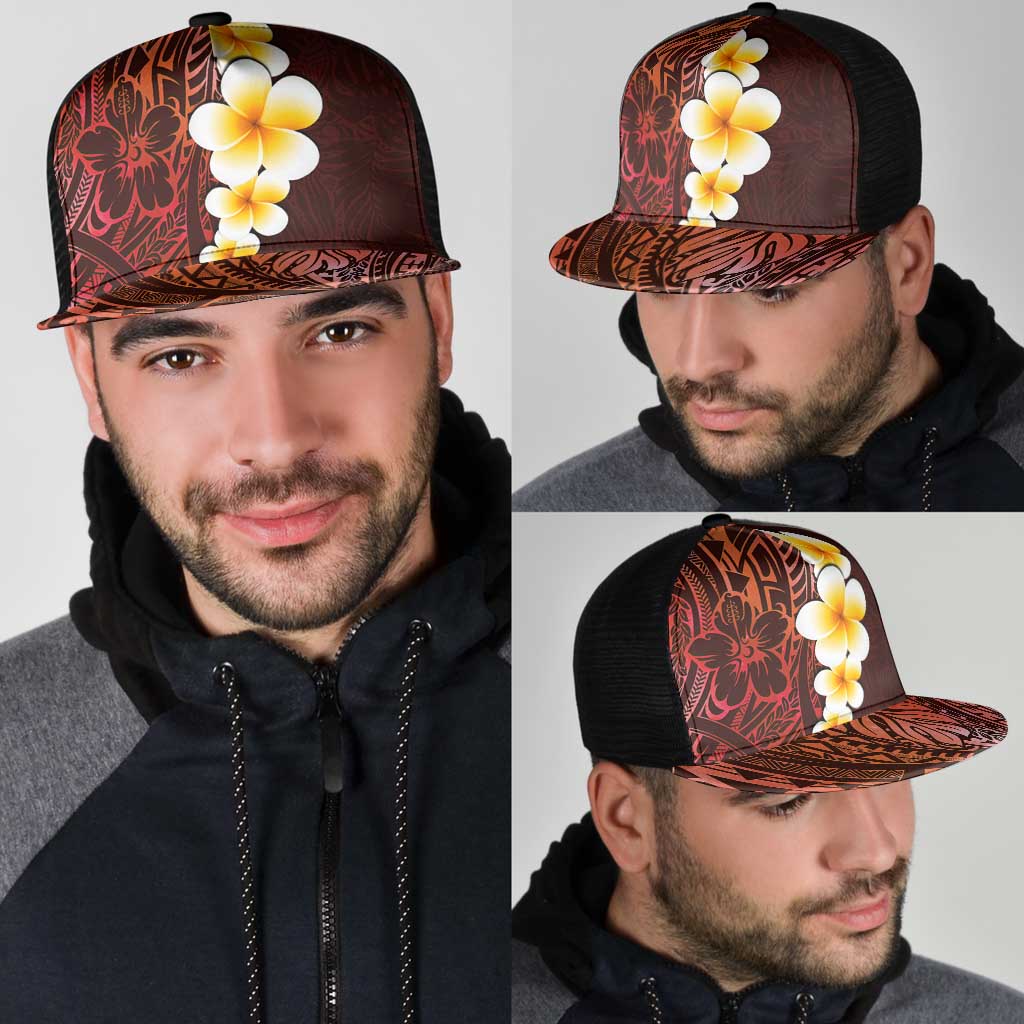 Red Polynesia Mesh Trucker Cap Plumeria Tropical Leaves With Galaxy Polynesian Art - Polynesian Pride