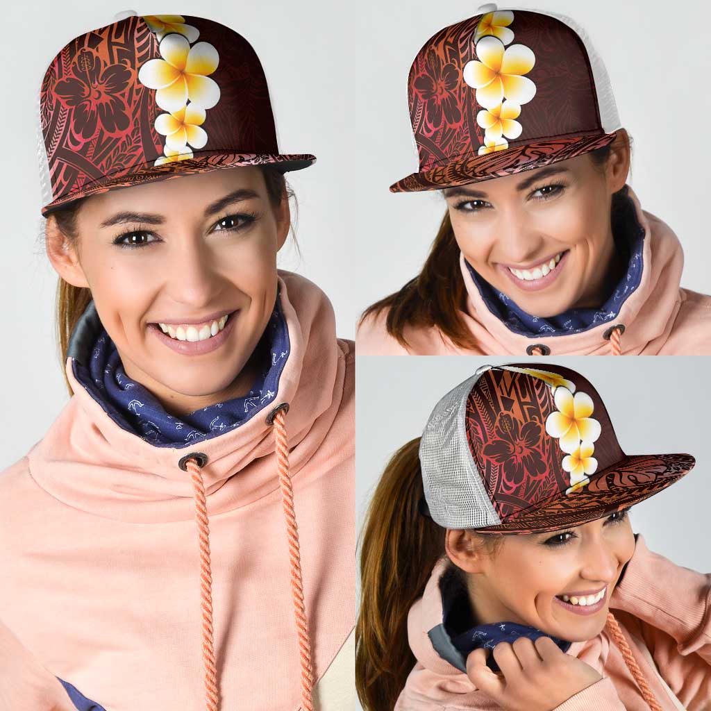 Red Polynesia Mesh Trucker Cap Plumeria Tropical Leaves With Galaxy Polynesian Art - Polynesian Pride