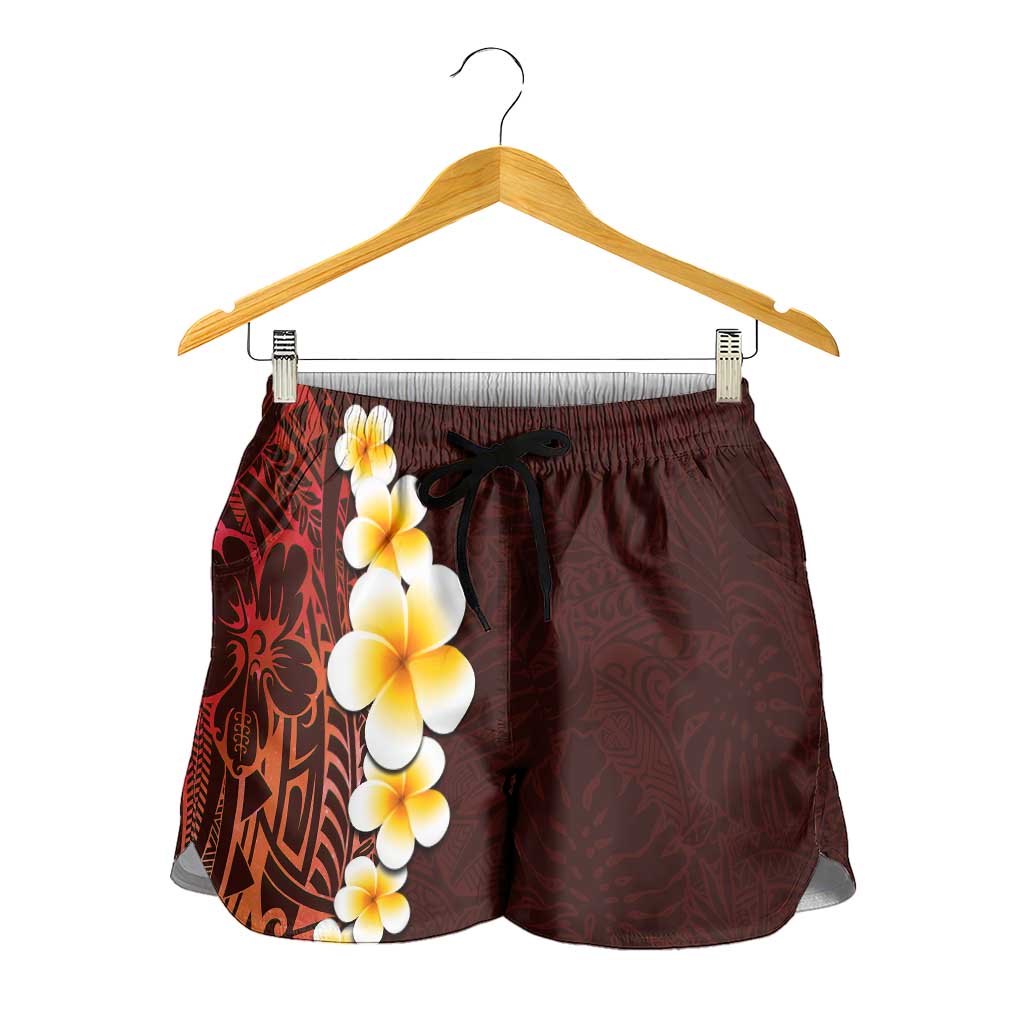 Red Polynesia Shorts for Women Plumeria Tropical Leaves With Galaxy Polynesian Art LT14 - Polynesian Pride