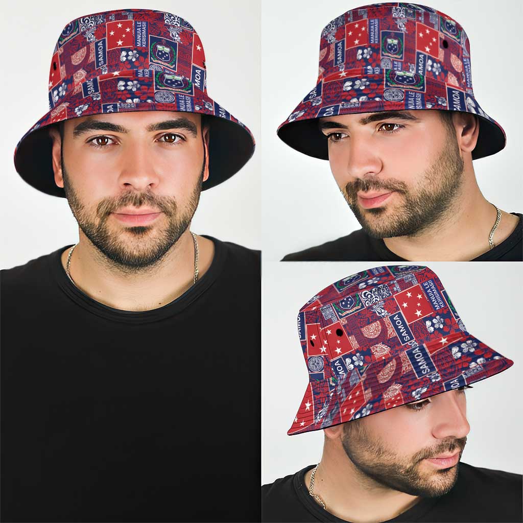 Red Samoa Manuia Le Kerisimasi Bucket Hat Pacific Patchwork Xmas Vibes - Polynesian Pride