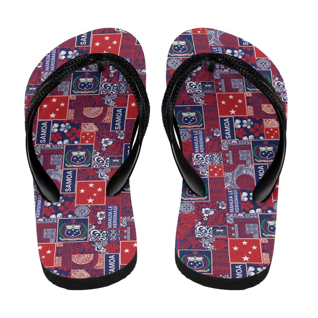 Red Samoa Manuia Le Kerisimasi Flip Flops Pacific Patchwork Xmas Vibes - Polynesian Pride