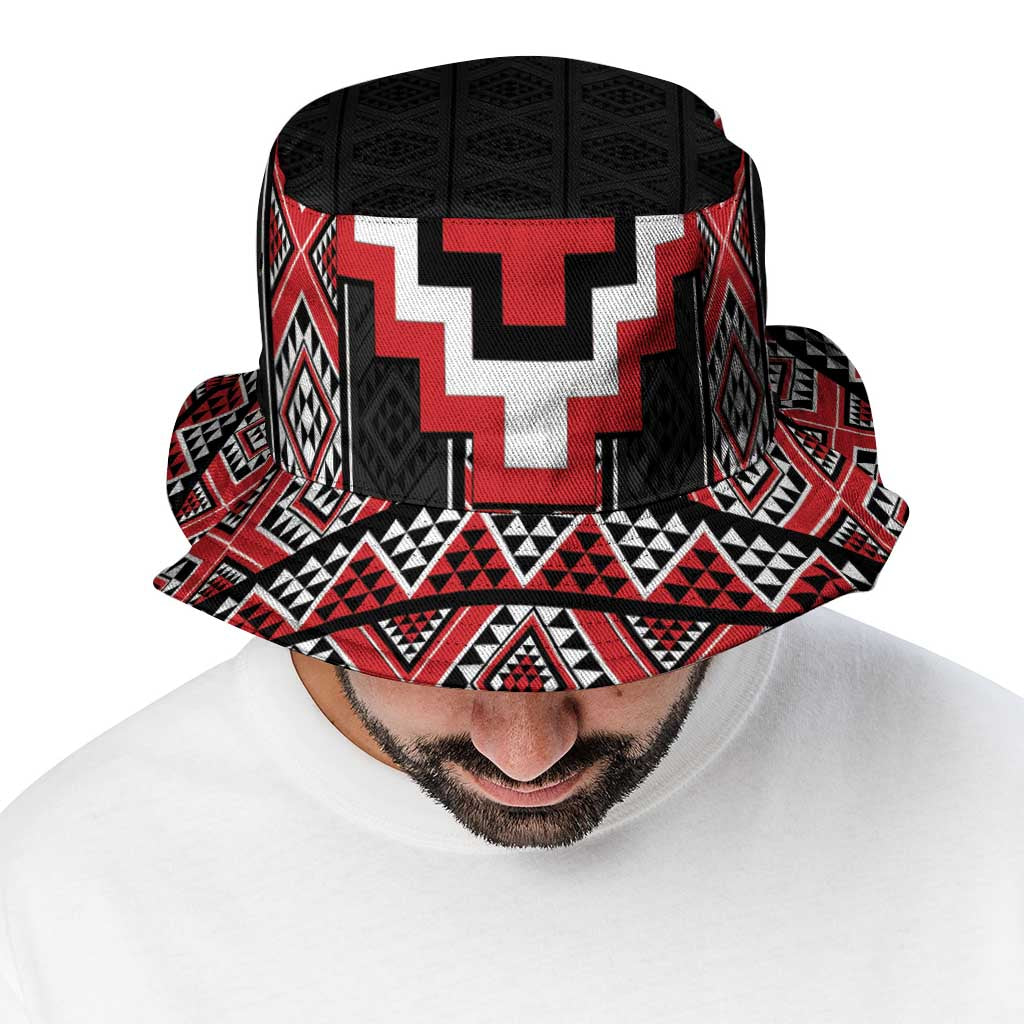 Red Taniko Aotearoa Bucket Hat Niho Taniwha Mix Poutama LT14