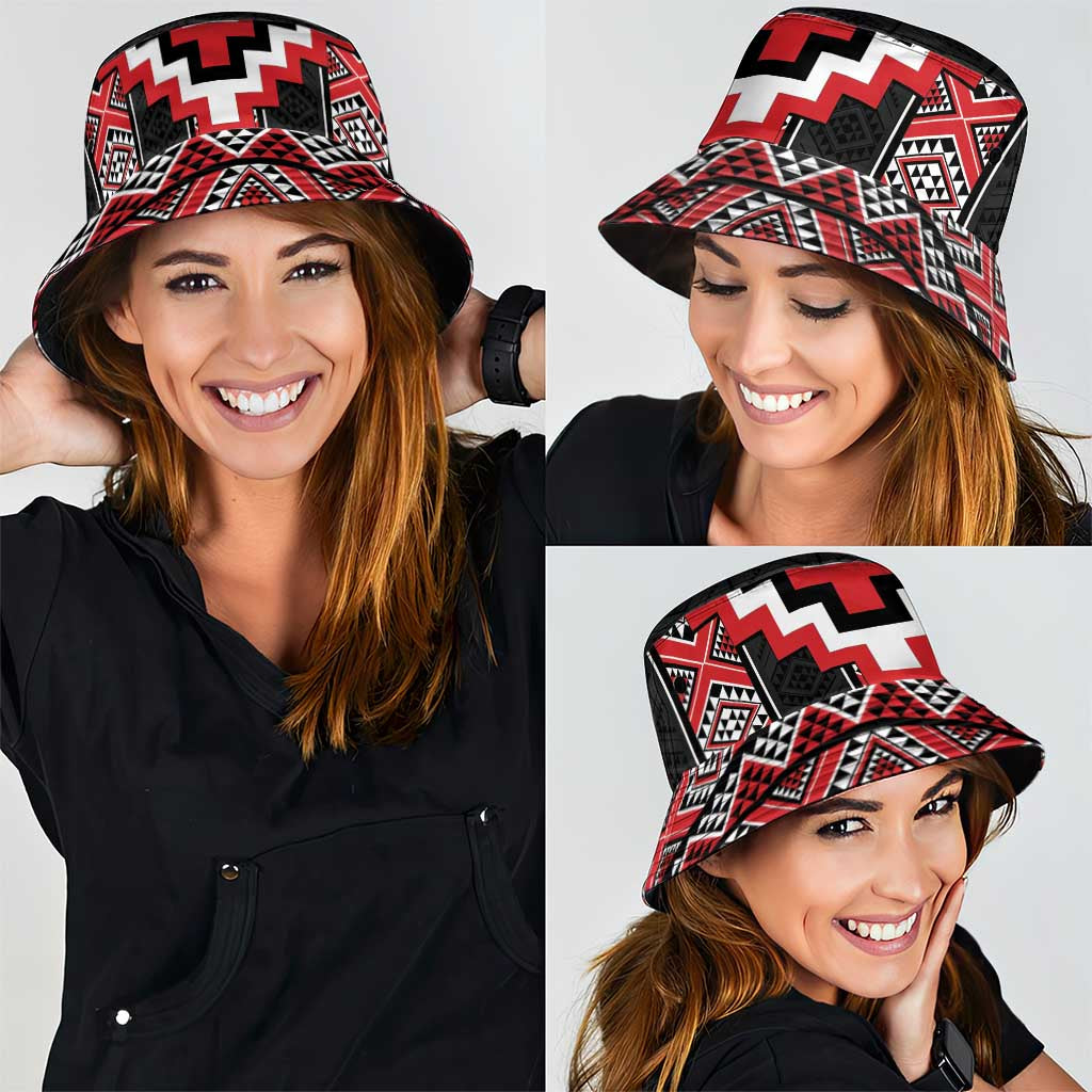 Red Taniko Aotearoa Bucket Hat Niho Taniwha Mix Poutama LT14