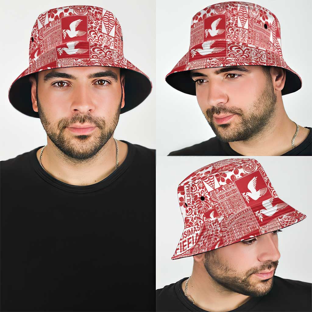 Red Tonga Kilisimasi Fiefia Bucket Hat Pacific Patchwork Xmas Vibes - Polynesian Pride