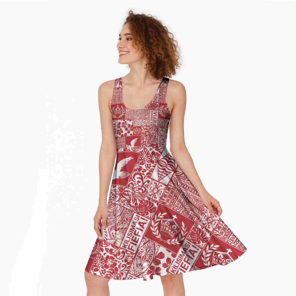 Red Tonga Kilisimasi Fiefia Midi Dress Pacific Patchwork Xmas Vibes - Polynesian Pride