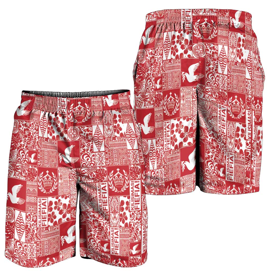 Red Tonga Kilisimasi Fiefia Shorts for Men Pacific Patchwork Xmas Vibes - Polynesian Pride