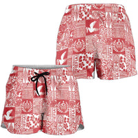 Red Tonga Kilisimasi Fiefia Shorts for Women Pacific Patchwork Xmas Vibes - Polynesian Pride