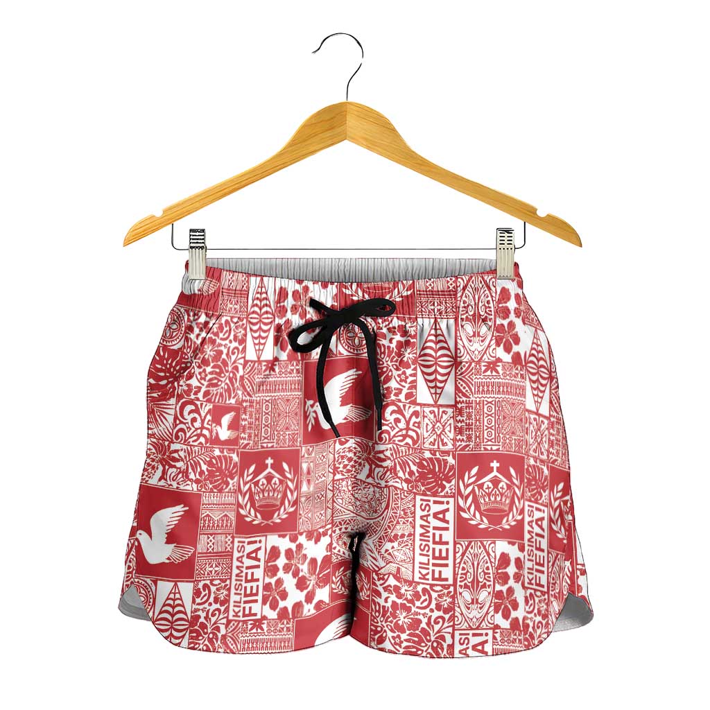 Red Tonga Kilisimasi Fiefia Shorts for Women Pacific Patchwork Xmas Vibes - Polynesian Pride