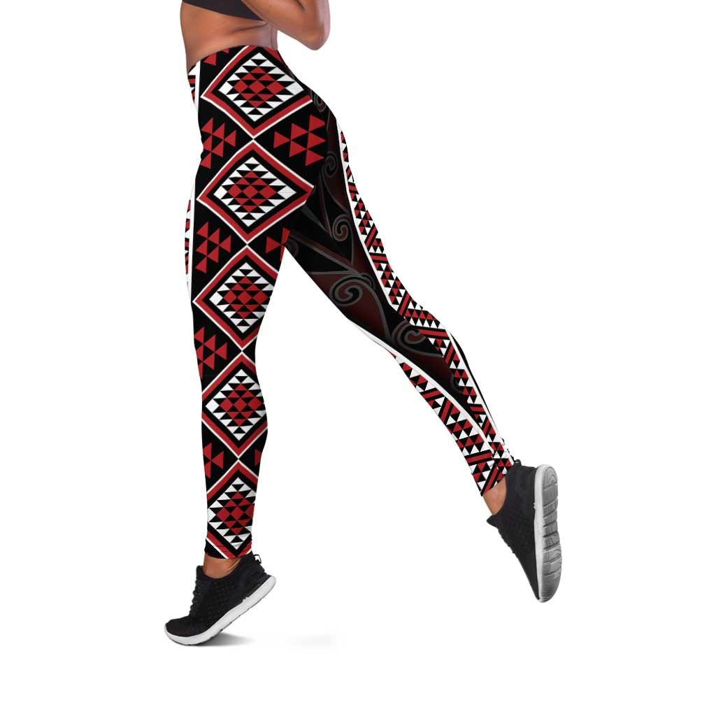 Red Tukutuku Pattern Aotearoa Leggings Niho Taniwha and Puhoro Motifs LT7