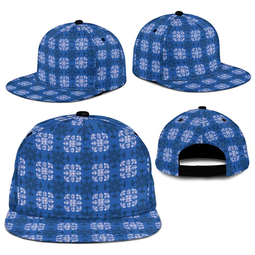 Royal Blue Hawaiian Quilt Snapback Cap Hawaii Pineapple Monstera Palaka Motifs - Polynesian Pride