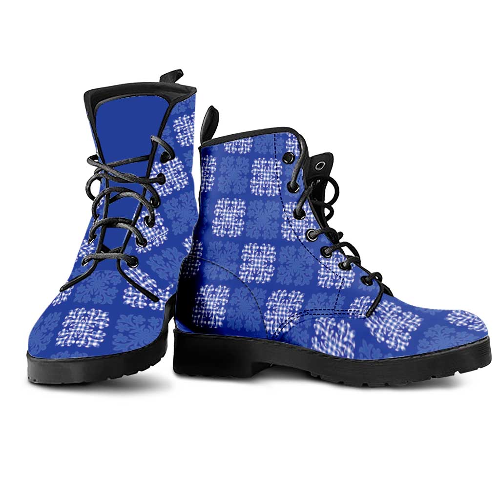Royal Blue Palaka Quilt Hawaii Leather Boots Traditional Hawaii-plaid Pattern - Polynesian Pride